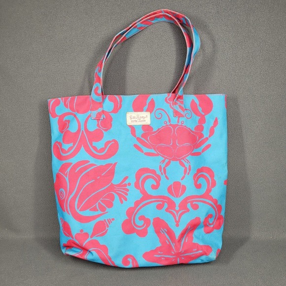 Lilly Pulitzer Estee Lauder Blue Aqua Pink Crab Tote‎ Beach Bag Starfish Preppy - Picture 1 of 7